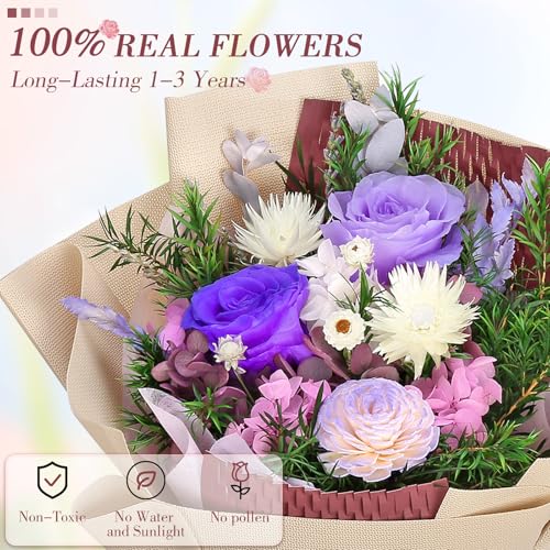 Bloom's Diary Preserved Flowers Bouquet, Flowers for Delivery Prime, Birthday Gifts for Women, Wife, Mother, Her (Purple)