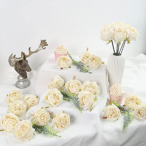 IPOPU White Roses Artificial Flowers Heads Bulk, 25pcs Vintage Dried Flowers Artificial Rose Heads Silk Fake Rose for Wedd...