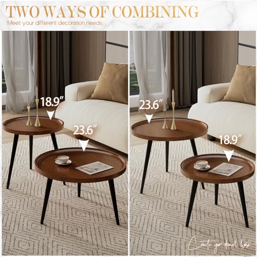 Semjar 2-Piece Walnut Coffee Table,Durable Mid Century Small Round Coffee Tables for Living Room,Easy Assembly Modern Nest...