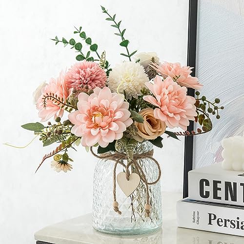 Aubcee Fake Flowers with Vase,Faux Flowers in Vase for Home Decor,Silk Pink Dahlia Artificial Flowers with Vase for Coffee...