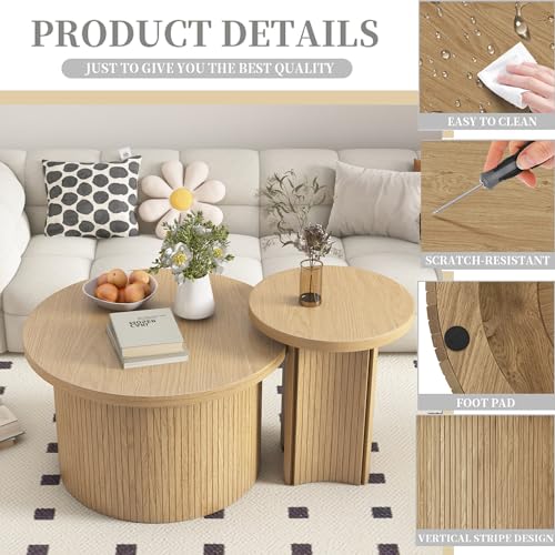 Mxtxmy Set of 2 Nesting Coffee Tables Farmhouse,Round Coffee Table Living Room,Wood Finish Coffee Table Set, Small Coffee ...