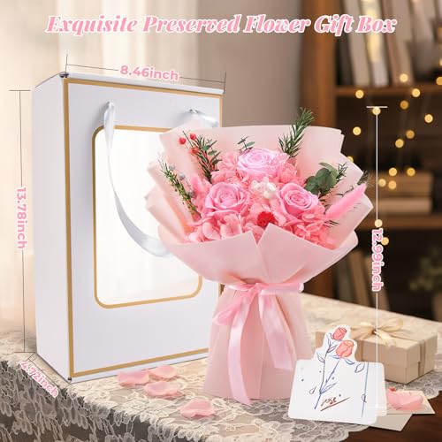 Preserved Flowers Bouquet, Flowers for Delivery,Handmade Pink Rose Bouquets Lasting 3-5 Years, Luxury Gift Box,Birthday Fl...