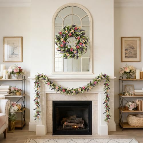 idyllic 6ft 2PCS Spring Pink Lavender Vine Garland Artificial Flower Decor for Front Door Mantel Table Stair Railing Windo...