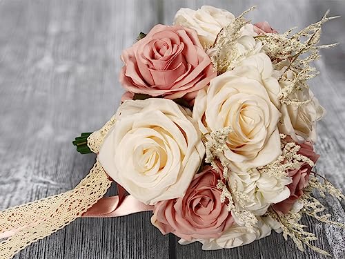 LEIFENY Wedding Bouquets for Bride, Champagne White & Pink Bridal Bridesmaid Wedding Flowers, Artificial Toss Rose for Civ...