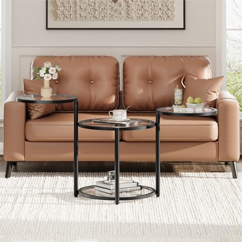 Curlaky Round Glass Coffee Table - 4 Tier Coffee Tables for Living Room with Rotating Top, Circle Coffee Table with Storag...