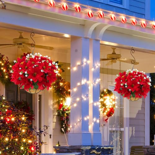 MATBAR Christmas Artificial Flowers for Outdoors Red Poinsettia Flowers Artificial 12 Bundles Mixed UV Resistant Faux Flow...