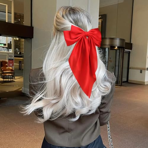 Velscrun Hair Bows for Women Girls Red Silky Satin Large Coquette Hair Bow Oversized Hair Ribbons Big Hair Bows Clip Long ...