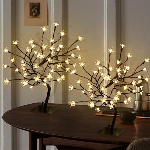 JoyHue 2PK Cherry Blossom Tree Lights,Artificial Bonsai Tree with 48 Warm White Led Lights, 16.2 Inch Prelit Cherry Blosso...