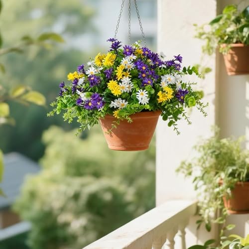 QIANYUN 20” Artificial Daisy Topiary Outdoor Plant, UV Resistant Faux Daisy Flowers, Outdoor Plants for Porch Decorations,...