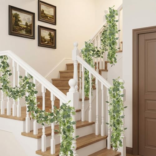 IMengjbang 6 Pack 5.9 Feet Faux Eucalyptus Garlands Bulk, Artificial Wedding Garland with White Flowers Faux Silver Dollar...