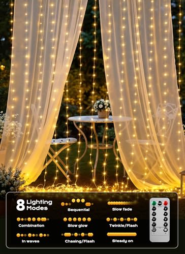 Brightown 300 LED Curtain Lights, 9.8 FT Plug in Fairy Lights for Bedroom, 8 Lighting Modes, Christmas Hanging Lights for ...