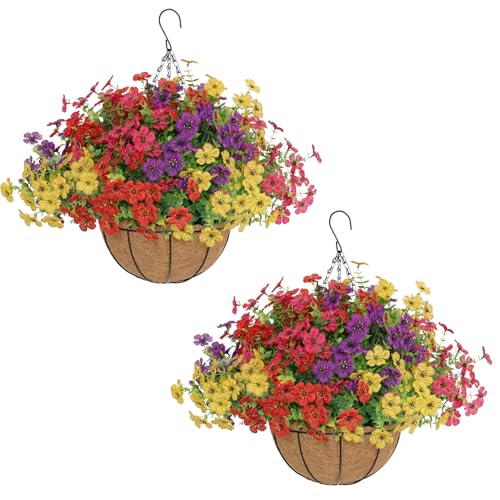 Senjie 2 Set Artificial Hanging Flowers with Basket for Outdoor Decor, UV Resistant 24 Bundles Faux Flowers Fake Hanging P...