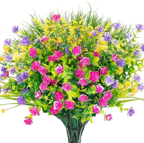 Ageomet 9pcs Spring Flowers Artificial Flowers Outdoor Cemetery Flowers UV Resistant Plastic Flowers Fake Flowers for Home...