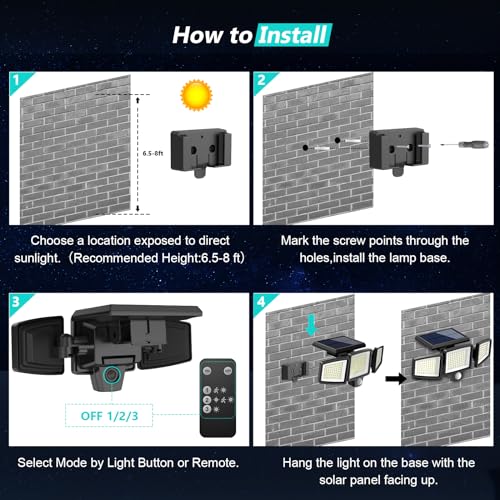 Tuffenough Solar Outdoor Lights 2500LM 210 LED Security Lights with Remote Control,3 Heads Motion Sensor Lights, IP65 Wate...