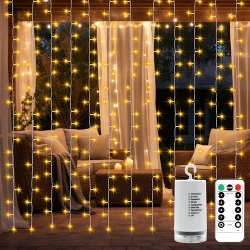 DealBeta Battery Operated Curtain Lights,9.8ft×9.8ft 300 LED Curtain Lights with Remote Timer 8 Modes, Waterproof Hanging ...