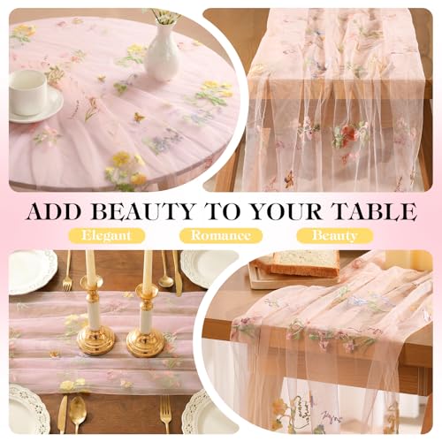 4 Pack Embroidery Floral Table Runner Spring Summer Tulle Boho Table Runners Wildflower Party Decorations for Kitchen Dini...