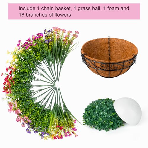 Ouddy Decor Artificial Hanging Flowers with Basket, Faux Silk Flowers in Coconut Lining Basket, Spring Summer Outdoor Deco...
