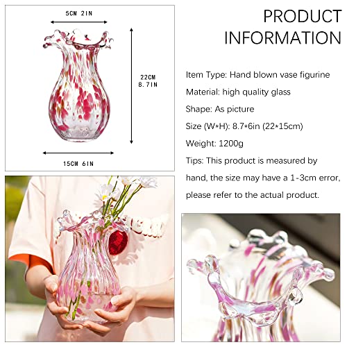 QFkris Handblown Glass Vase, Modern Art Flower Vase with Pink Petal Decorative for Home Decor, 8.5 inch Tall for Living Ro...