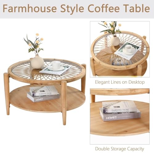 RUSTOWN Rattan Coffee Tables,2-Tier Round Boho Cocktail Tables, Mid Century Modern Coffee Table with Rattan & Tempered Gla...