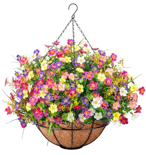Ouddy Decor Artificial Hanging Flowers with Basket, Faux Silk Flowers in Coconut Lining Basket, Spring Summer Outdoor Deco...