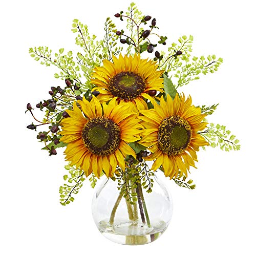 Nearly Natural Sunflower Artificial Vase Silk Arrangements Yellow 15 In. W x 10 In. D x 16 In. H