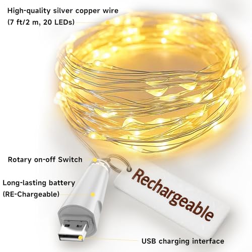 Dumcuw Fairy Lights USB Rechargeable Battery Operated, 7ft 20 LED String Lights Indoor for Bedroom Mason Jars Wedding Tabl...