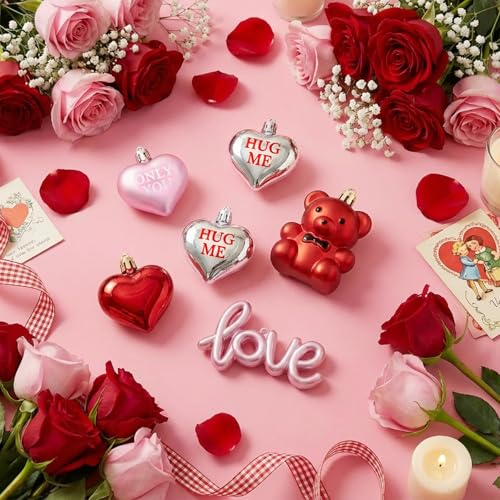 16pcs Valentines Day Decorations Heart Ornaments for Tree Romantic Hanging Ornaments for Christmas Tree Bear Heart Shaped ...