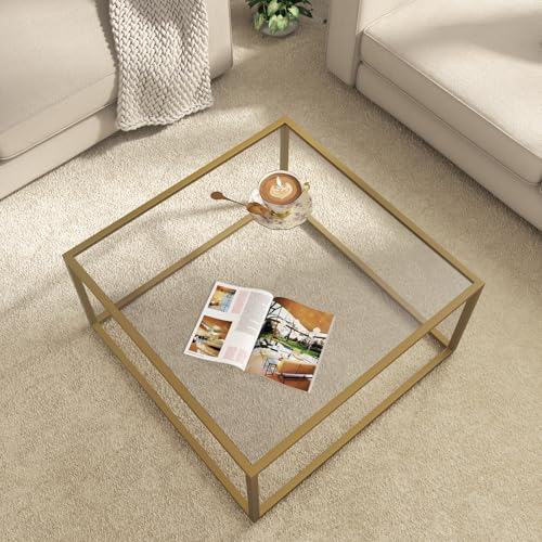 SAYGOER Glass Coffee Table Modern Coffee Tables for Living Room Square Minimalist Center Tables for Home Office 26.7 x 26....