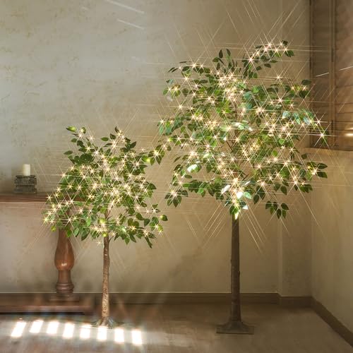 LITBLOOM Artificial Ficus Tree with Lights 4FT 140 LED Fairy Lights, Lighted Greenery Tree for Home Living Room Decoration