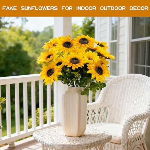 TURNMEON 28Pcs Sunflowers Artificial Flowers for Outdoors Spring Decor, 4 Pack Fake Flowers Silk Faux Sunflower Bouquet Ar...