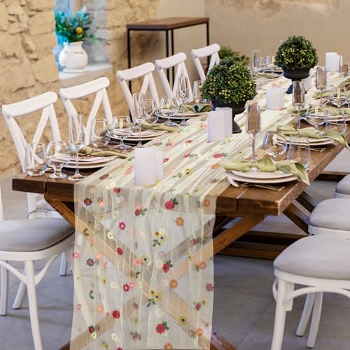 Summer Flower Table Runner Floral Gauze Table Runners 120in/10ft Embroidery Daisy Flowers Tulle Tables Cloth for Spring Su...