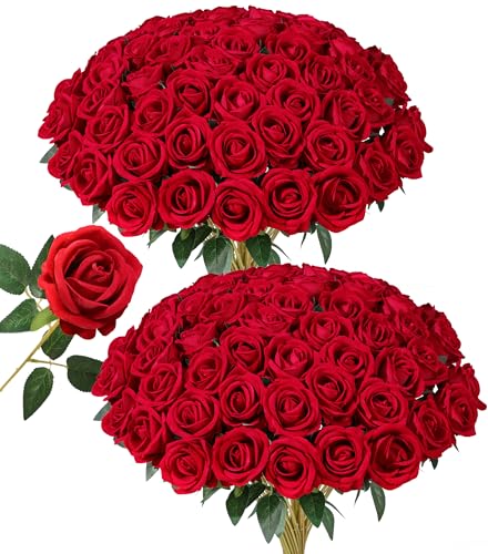 HyeFlora 50 PCS Red Roses Artificial Flowers, Fake Roses with Stems Realistic Silk Roses for DIY Wedding Bouquets Tables C...