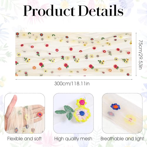 Summer Flower Table Runner Floral Gauze Table Runners 120in/10ft Embroidery Daisy Flowers Tulle Tables Cloth for Spring Su...