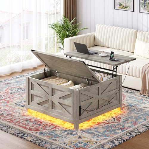 Seetech 35.8" Led Coffee Table with Lift Top Storage,Farmhouse Coffee Table for Living Room, Square Coffee Tables with Lar...
