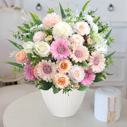 Luabue 8pcs Fake Peonies Pink Flowers Artificial Mixed Sunflowers White Roses 13 Inch Silk Flower Arrangements for Wedding...