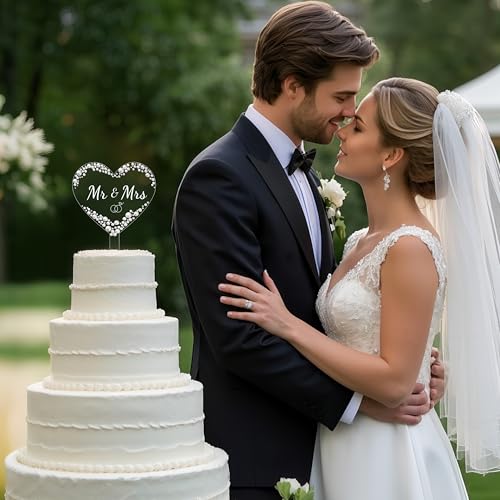 Coucoland Mr and Mrs Cake Topper - Heart Wedding Cake Decor with Rhinestones and Pearls for Engagement Bridal Anniversary