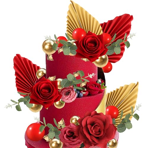 Rsstarxi 30 Pack Red Rose Flowers Cake Topper Artificial Flower Leaves Balloon Palm Fan Cake Pick DIY Valentine's Day Cake...
