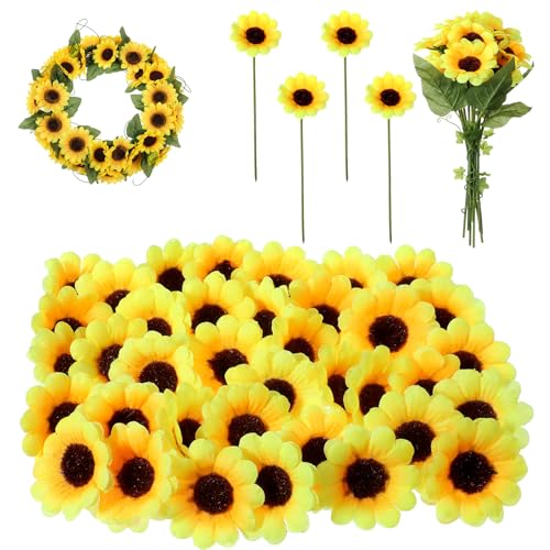 50 PCS Mini Artificial Sunflowers Heads for Decoration, Outdoor Artificial Flowers with Iron Stems, Fake Sunflower Decorat...