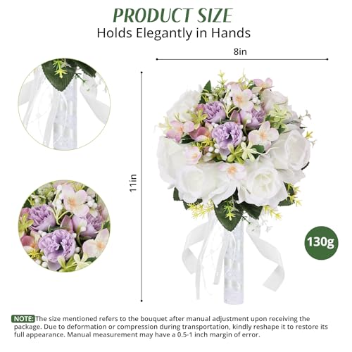 Qeedy Wedding Bouquet for Bride – 8 Inch Artificial Silk Roses, Realistic Bridal & Bridesmaid Bouquet for Ceremony, Churc...