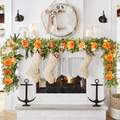 1 Pack Orange Flower Garland Decorations,6.07Ft Artificial Eucalyptus Garlands with Silk Rose Hydrangea Flower Vines Hangi...