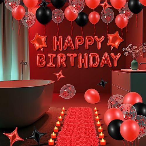 Red Happy Birthday Balloons Decorations Red and Black Birthday Balloon Letters Banner with 6 Pcs Star Balloons Red Artific...
