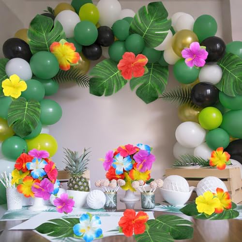 Oudome 60Pcs Hawaiian Flowers,Tropical Decor Tropical Flowers Include Hibiscus Flowers Artificial and Palm Leaves,Hawaiian...