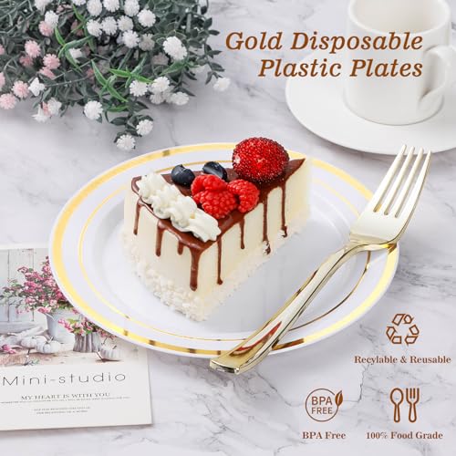 BESTVIP 200PCS Gold Plastic Plate, Disposable Party Plates with 100 Dinner Plates and 100 Dessert Plates, Plastic Plates f...
