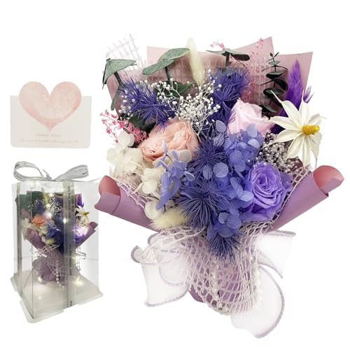 MS.ROXYQUE Preserved Flowers Bouquet Romantic Valentines Day Gift for Her LED Light 3 Preserved Real Rose for Delivery Chr...
