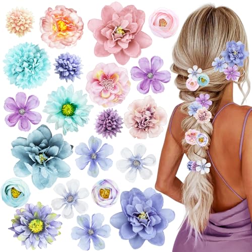 21 PCS Hair Flowers Boho Hair Barrettes Accessories Hawaiian Silk Flower Clips Girls Purple Blue Floral Bride Headpiece Fe...