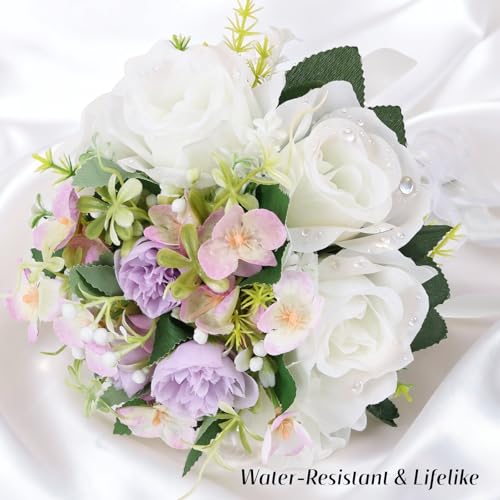 Qeedy Wedding Bouquet for Bride – 8 Inch Artificial Silk Roses, Realistic Bridal & Bridesmaid Bouquet for Ceremony, Churc...