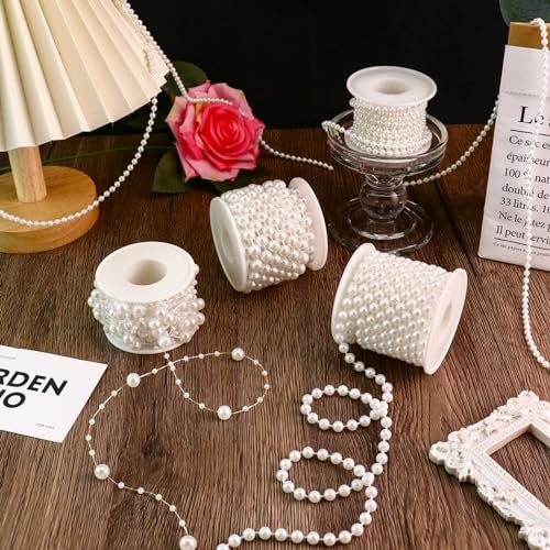 Towenm 4 Rolls 76 Feet Pearls String Garland, Faux Pearl Beads Roll Strand for Crafts, Artificial Pearls Chain Trim for We...