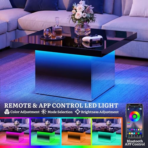 YITAHOME Square Coffee Table, Coffee Tables for Living Room with LED Lights, Modern Cocktail Coffee Table for Decor, Black