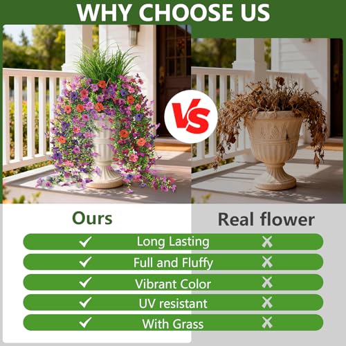 Artificial Hanging Flowers with Wheat Grass for Outdoors, 5 Pcs Fake Hanging Plants for Spring Decor, UV Resistant Faux Si...