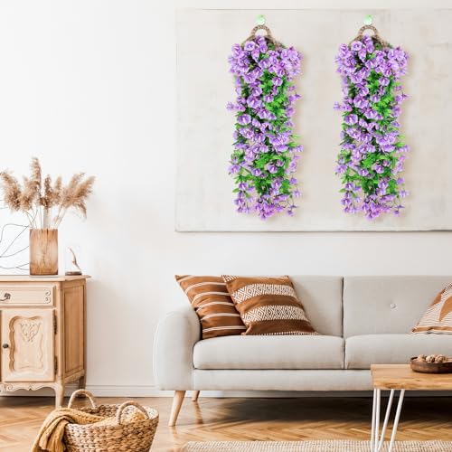 Elecxlink 2PCS Artificial Hanging Flowers, UV Resistant Fake Plastic Faux Hanging Plants Morning Glory Vines for Indoor Ou...